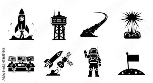 Black silhouette icons illustrating a rocket launch sequence, control tower, smoke trail, explosion, control room, satellite, astronaut, and a flag on a lunar surface.