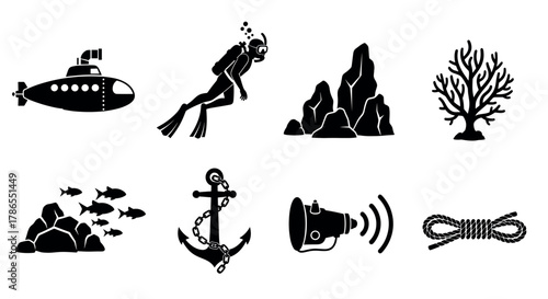 Black silhouette icon set featuring a submarine, scuba diver, rocks, coral, school of fish, anchor, speaker, and rope, depicting marine and nautical themes.