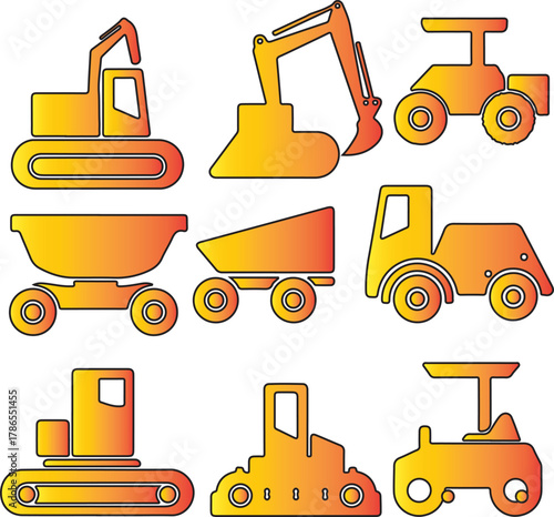 Collection of Yellow Orange Construction Vehicles Silhouettes for Educational Purposes and Children's Entertainment