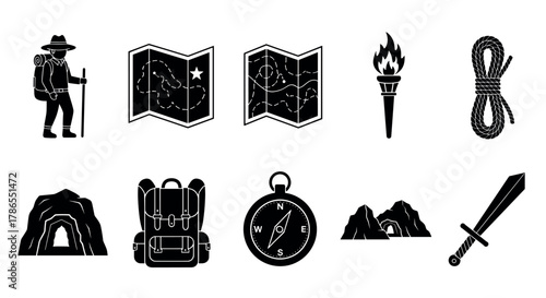 Black silhouette icons depicting outdoor adventure gear including a hiker, maps, torch, rope, backpacks, compass, caves, and a sword.