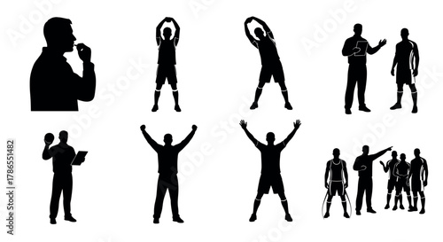Silhouettes of male athletes in various poses, including stretching, celebrating, and interacting with a coach, highlighting sports and teamwork elements.