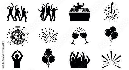 Black silhouette icons of party scenes, including dancing people, a dj booth, confetti cannons, disco ball, balloons, clinking glasses, and cheering crowd.