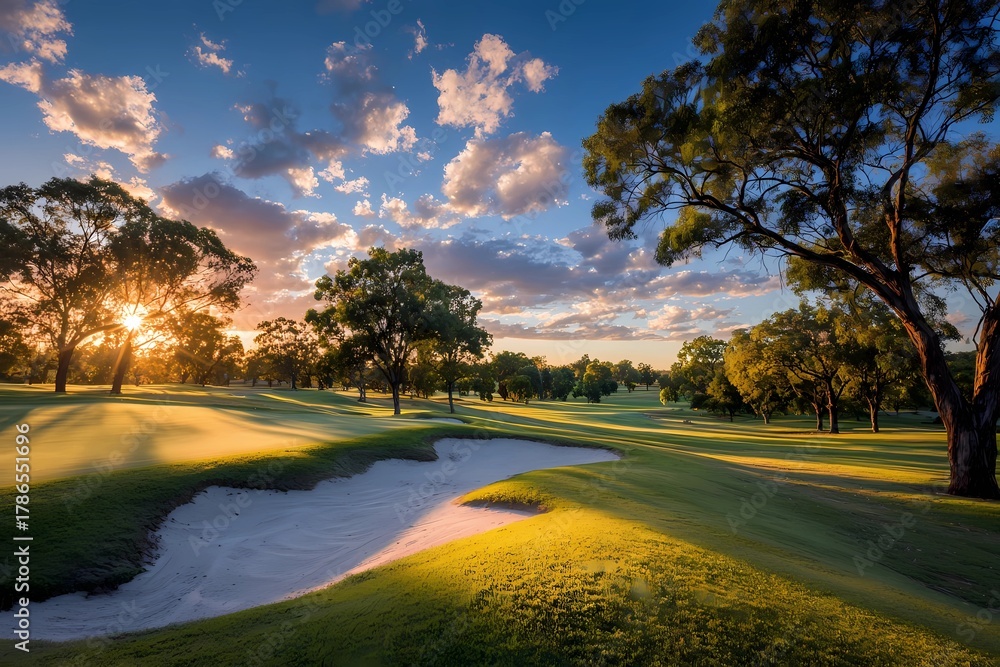 Fototapeta premium Sunset over a peaceful golf course with sand traps and vibrant trees in the background