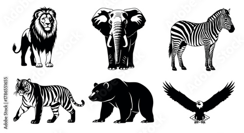 Six black and white animal silhouettes featuring a lion, elephant, zebra, tiger, bear, and eagle in a classic pose.