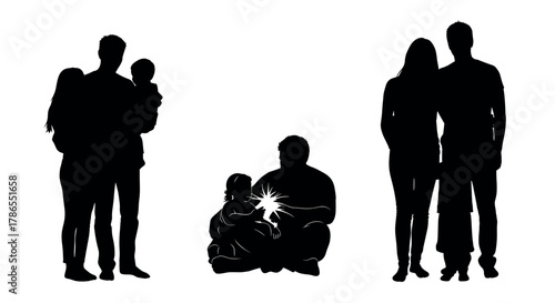 Silhouettes of three distinct family groups, including a couple with a baby, a parent engaging with a child, and a standing couple, depicted in black on a white background.