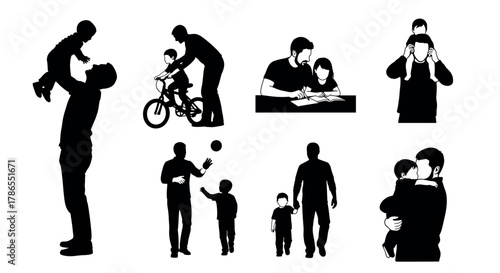 Silhouettes of a caucasian male adult and child engaging in various activities, including playing, cycling, and embracing each other.