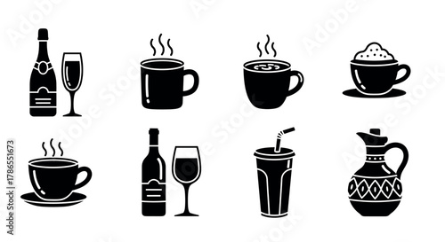 Black silhouette icons displaying various beverage containers, including wine bottles with glasses, steaming mugs, a foamy cup, a cup and saucer, a takeout cup with a straw, and a decorative jug.