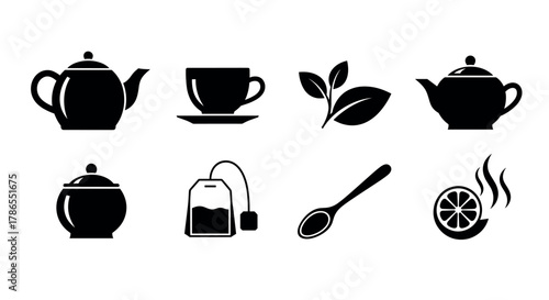 Black silhouette icons of teapots, a teacup with a saucer, tea leaves, a tea bag, a spoon, and a lemon slice with steam indicating hot tea.