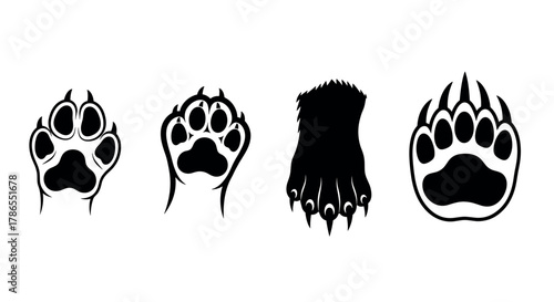 Black silhouettes of four distinct animal paw prints, featuring felines and canines in various styles for identification and design purposes.
