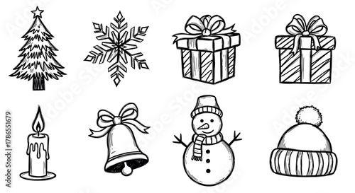 Eight black and white hand-drawn festive icons including a christmas tree, snowflake, gift boxes, candle, bell, snowman, and winter hat.