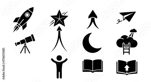Black silhouette icons depicting a rocket, shooting star, ascending arrow, paper airplane, telescope, human figure, open book with arrow, crescent moon, ladder to cloud.