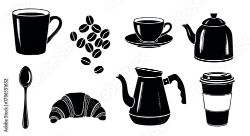 Black and white vector icons of a coffee set including cups, coffee beans, teapots, a spoon, and a croissant representing breakfast items.