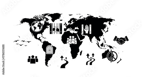 Black and white world map with various symbols, including hands shaking, peace symbol, and a globe, representing global unity and awareness.