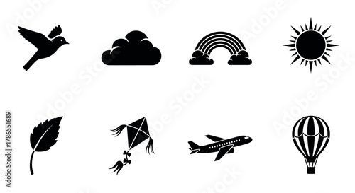 Black silhouette icons of a bird, cloud, rainbow, sun, leaf, kite, airplane, and hot air balloon, representing various elements of nature and travel.