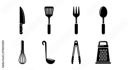 Black silhouette icons of essential kitchen utensils including knife, spatula, fork, spoon, whisk, ladle, tongs, and grater, used for cooking and food preparation.