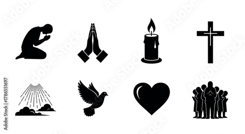 Black silhouette icons representing religious themes including praying hands, a cross, a candle, a kneeling person, a heart, a dove, sunlight, and a group of people.