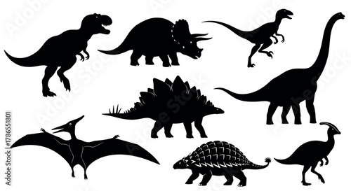Black silhouette illustrations of various dinosaurs including tyrannosaurus rex, triceratops, velociraptor, brachiosaurus, stegosaurus, pterodactyl, ankylosaurus, and parasaurolophus.