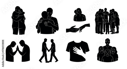 Black outline icons depicting various heartfelt gestures, including hugging, handholding, supporting, greeting, and consoling within diverse interpersonal interactions.