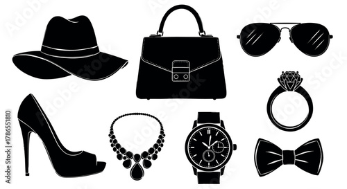 Black silhouette collection displaying chic accessories including a fedora hat, handbag, sunglasses, high heel shoe, necklace, watch, ring, and bow tie.