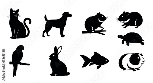 Silhouettes of various pets including a cat, dog, hamster, turtle, parrot, rabbit, fish, and guinea pig arranged in a grid pattern.
