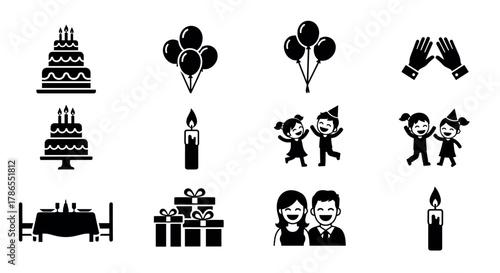 Black silhouette icons depicting various party elements including a tiered cake, balloons, candles, children in party hats, a dining setup, and gift boxes.