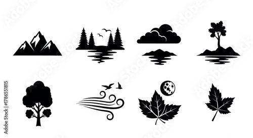 Black silhouette icons depicting various nature elements such as mountains, trees, clouds, and leaves, representing outdoor and seasonal themes.