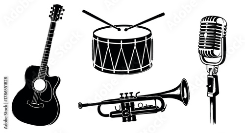 Black silhouette illustrations of a guitar, drum with drumsticks, trumpet, and vintage microphone, symbolizing music and sound.