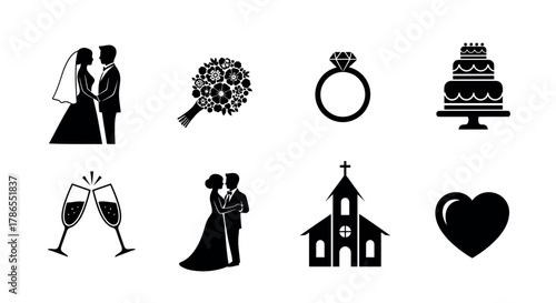 Black silhouette icons representing a bride and groom, wedding bouquet, engagement ring, celebratory cake, champagne glasses, church, and heart symbol.