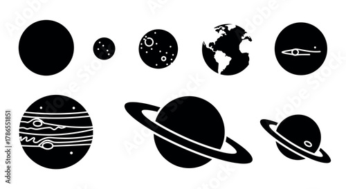 Simple black silhouette icons of planets in various sizes, including earth, with saturn featuring its distinctive rings, displayed in a linear arrangement.