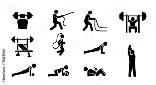 Black silhouette icons depicting various fitness activities, including weightlifting, rope skipping, push-ups, and bench pressing, illustrating diverse exercise routines.