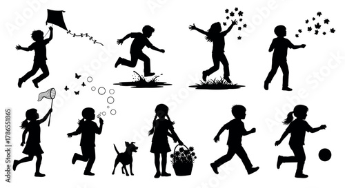 Black silhouettes of children and a dog playing outdoors, flying kites, running, and blowing bubbles, capturing joy and playfulness.