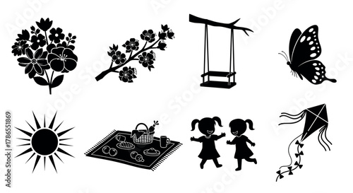 Black silhouette icons of spring elements, featuring flowers, a swing, butterfly, sun, picnic setting, playful girls, and a kite.