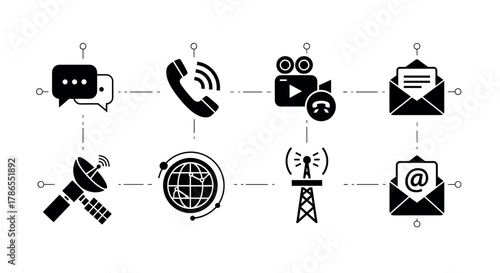 Set of black communication technology icons including phone, satellite, email, globe, film camera, and wireless tower, connected by dotted lines.