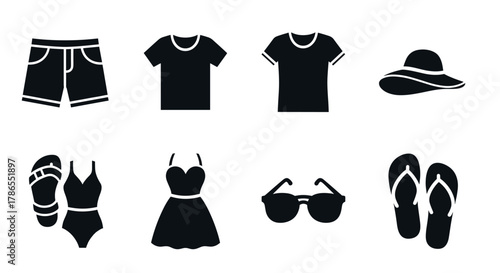 Black silhouette icons of summer clothing and accessories, including a t-shirt, shorts, sandals, sunglasses, and a swimsuit, showcasing casual and beachwear fashion.