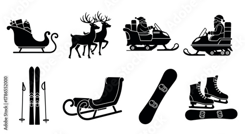 Silhouette icons of a sleigh with gifts, two reindeer, santa on a snowmobile, skis, a sled, a snowboard, and ice skates, representing winter sports and holiday themes.