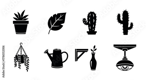 Set of black silhouette icons depicting potted plants, watering can, hanging garden tools, and a ceiling light fixture for gardening and interior decor themes.