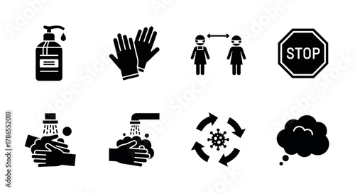 A set of black silhouette icons representing safety measures against covid-19, including hand sanitizer, gloves, social distancing, a stop sign, handwashing, virus transmission, and a thought bubble.