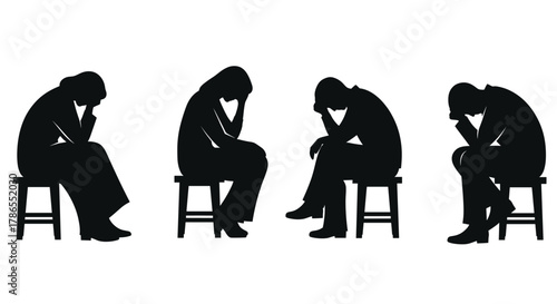 Silhouette illustration of four seated individuals displaying various poses of introspection and contemplation on chairs, side view.