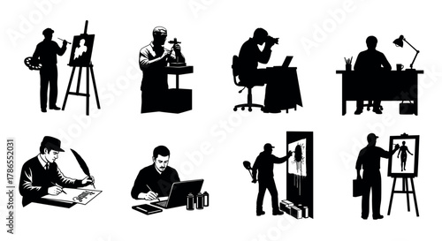 Eight black silhouette figures of various professionals, including artists, sculptors, photographers, and writers, depicting creative occupations in a minimalist style.