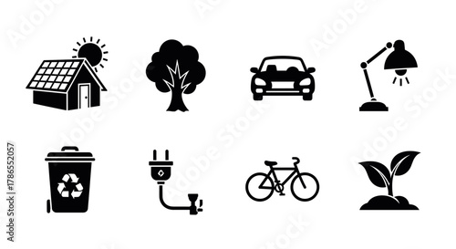 Black silhouettes of eco-friendly icons including a solar house, tree, car, desk lamp, recycling bin, electric plug, bicycle, and plant sprout.