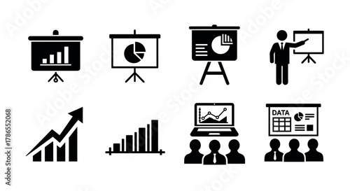 Set of black icons representing various business and data presentation concepts, including charts, graphs, and figures in a professional context.