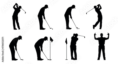 Silhouettes of a male golfer in various action poses while playing golf, including putting, swinging, and celebrating a shot.