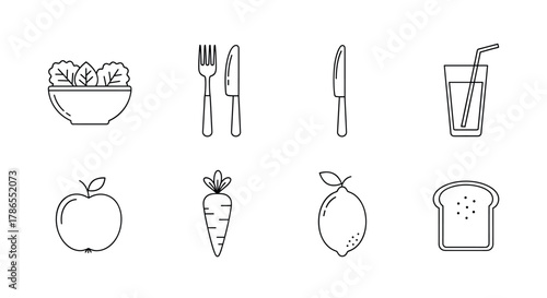Black outline vector icons depicting a salad bowl, cutlery set, glass with straw, apple, carrot, lemon, and slice of bread, highlighting minimal food-related elements.