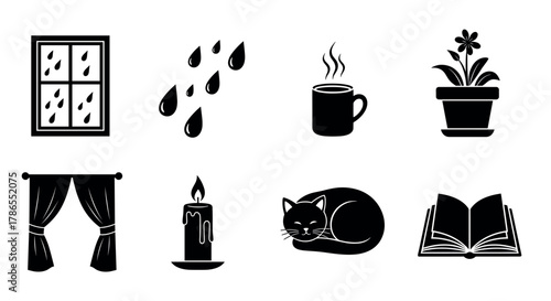 Black icons depicting a rainy window, raindrops, steaming coffee mug, potted flower, curtain, lit candle, sleeping cat, and open book in a simple style.