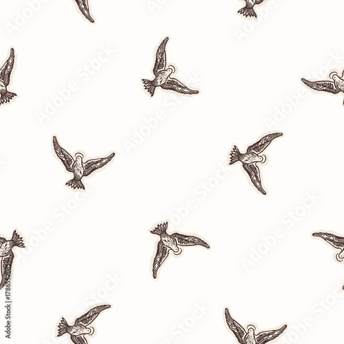 Christian holy dove hand drawn seamless vector pattern. Religious home decor background for sunday school bible study motif. Reflection candle symbol all over print. 