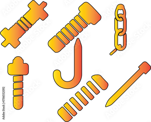 Collection of Illustrated Fasteners Including Bolts Screws Chain Links and Nails for Construction and Mechanics