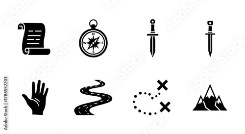 Black icons representing a scroll, compass, dagger, wave, road, map with path, and mountains, symbolizing adventure and exploration.