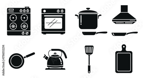 Black silhouette icons of various kitchen appliances and cookware including stove, oven, saucepan, frying pan, kettle, spatula, and cutting board.