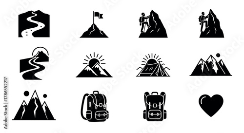 A collection of black icon illustrations depicting outdoor activities like hiking, mountain climbing, backpacks, a heart symbol, and a scenic path.