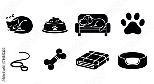 Black silhouette icons representing various pet-related items, including a sleeping cat, a bowl of food, a dog on a couch, a paw print, a leash, a bone, a blanket, and a pet bed.
